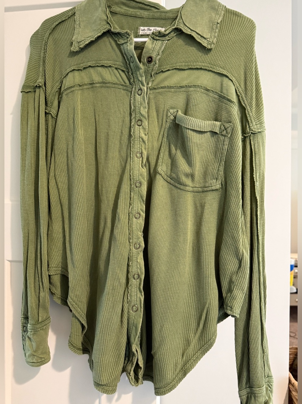 Free People Olive Green Button-Front Waffle Knit Shirt
